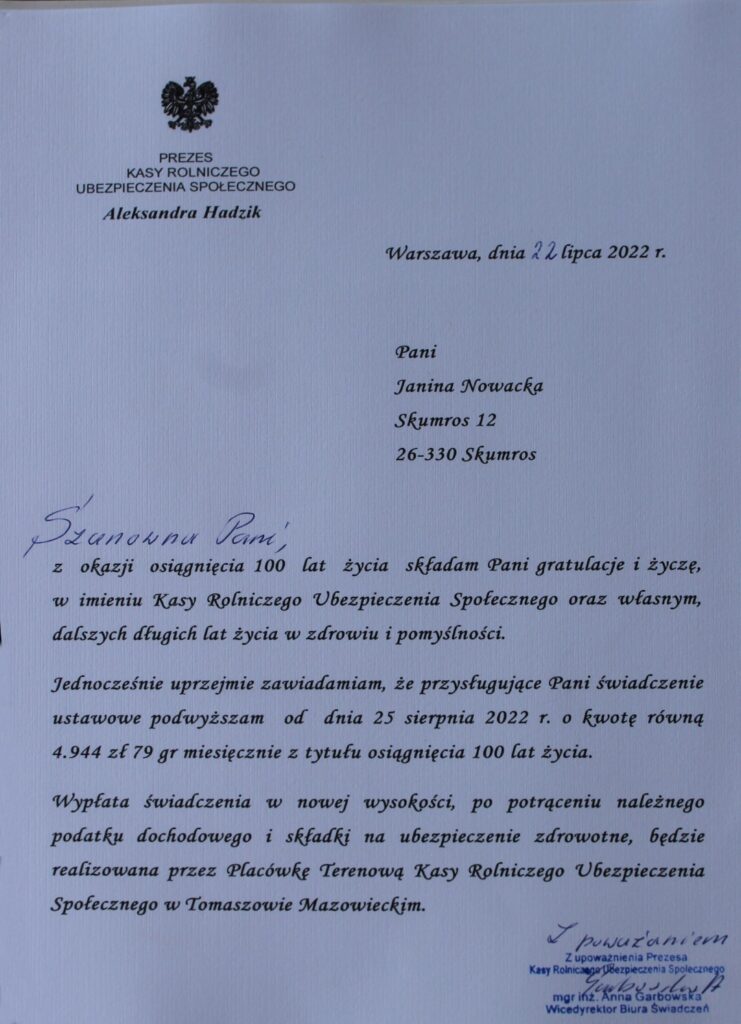 List gratulacyjny Prezesa KRUS